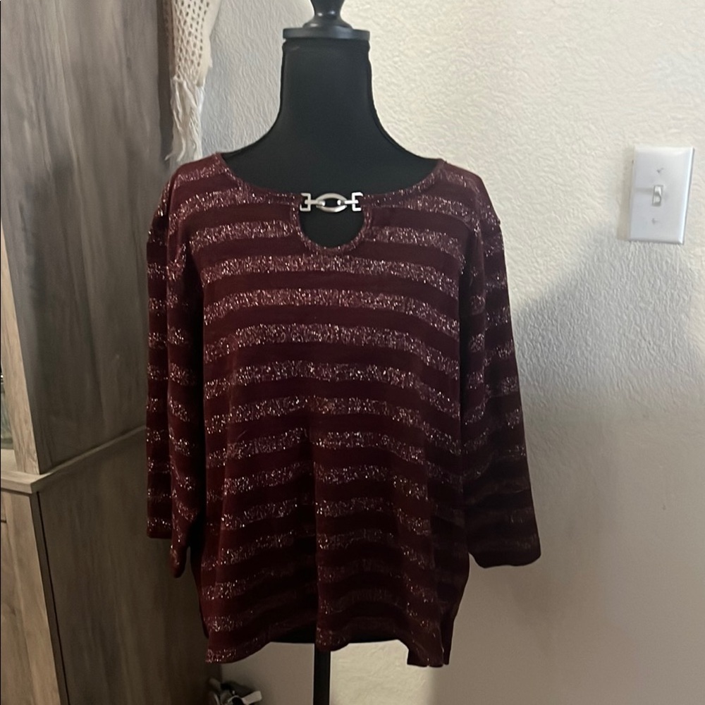 Burgundy Striped Top with Silver Accent